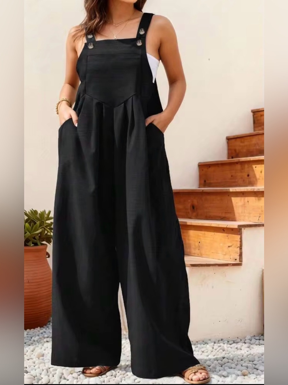 YesnoSpring/Summer  Solid Color Sleeveless Jumpsuit With Pockets, Black<<379>>>>